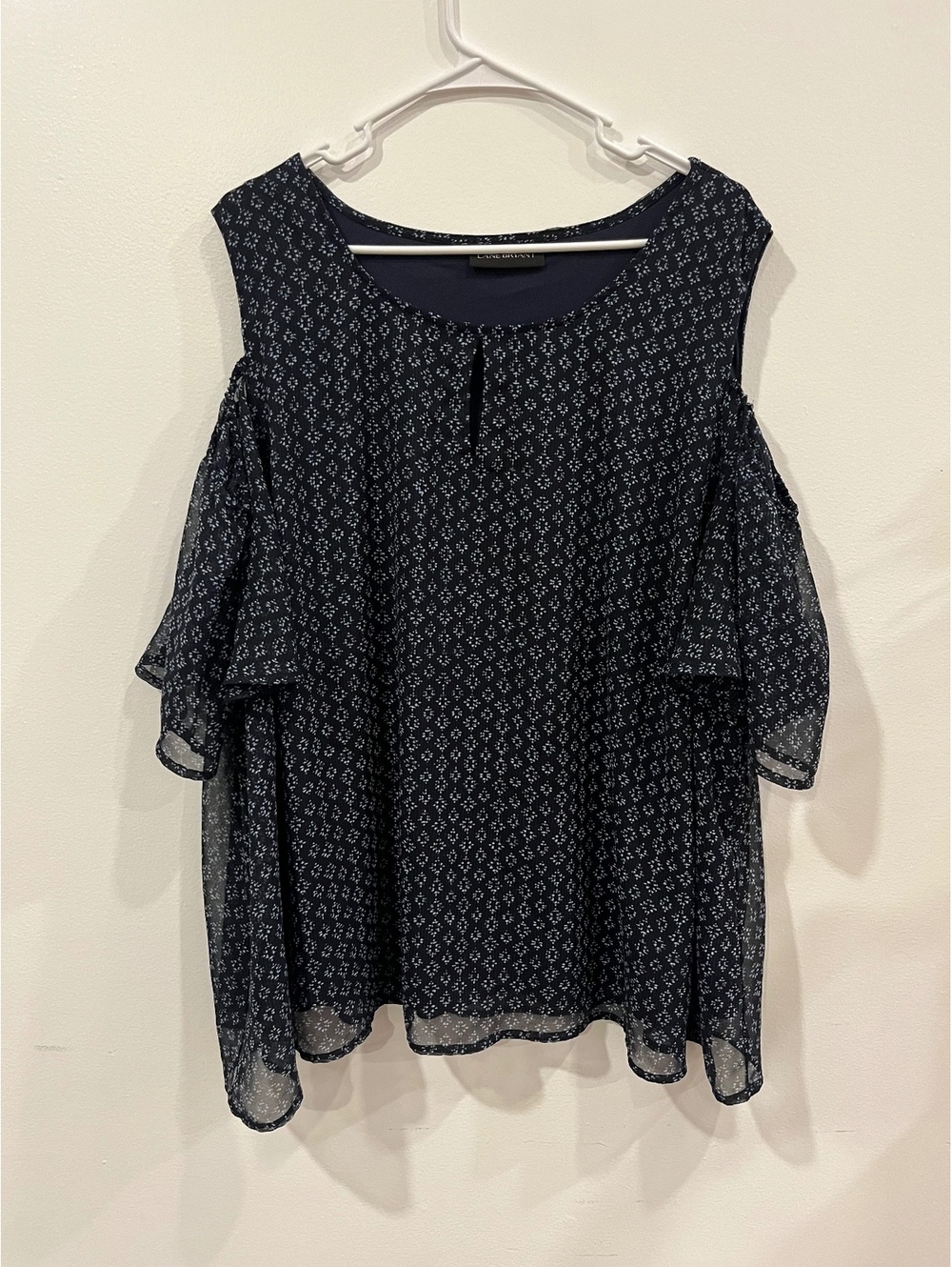 Lane Bryant navy patterned cold shoulder blouse